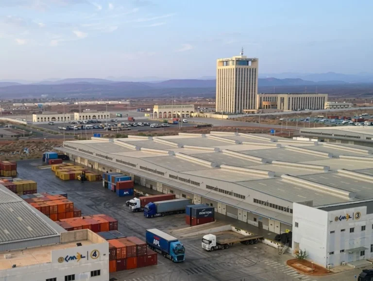 Aerial view of warehouses, containers and trucks at the Djibouti free zone