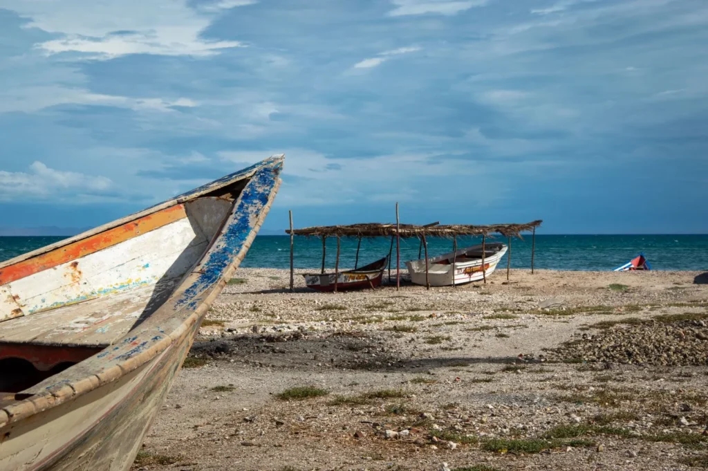 Fishing boats drawn up on the stony shore of the Gulf of Tadjoura, Djibouti